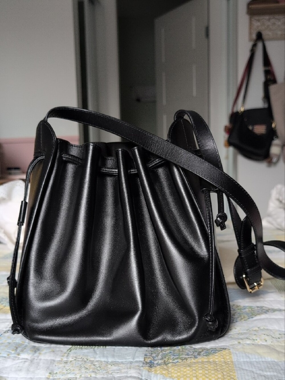 A.P.C. Courtney Black Leather Drawstring Shoulder Bag - Picture 2 of 7
